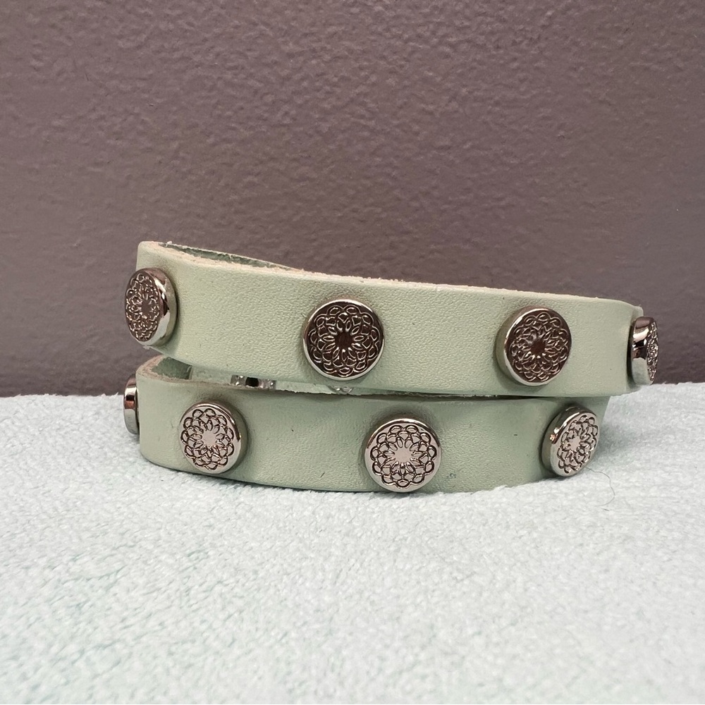 Mint Green Leather Bracelet with Silver Accents